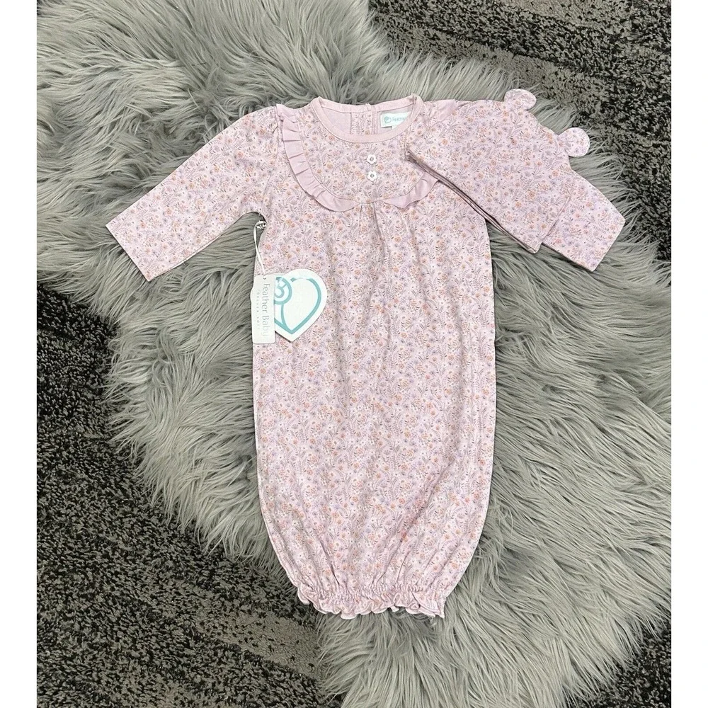 Feather Baby(Peru) Pink/Lavender‎ Floral Pima Cotton Gown & Hat-6-9Months